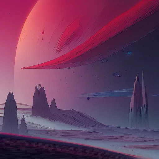 Image similar to Where the earth meets heaven and hell in the style of john harris and kilian eng by moebius, atmospheric, line art, cinematic