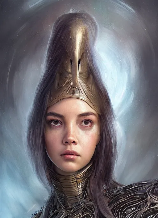 Prompt: a photorealistic portrait of a beautiful young female alien, clothed in ethereal armor, olive skin, long dark hair, beautiful bone structure, symmetrical facial features, intricate, elegant, digital painting, concept art, smooth, sharp focus, finely detailed, illustration, from Valerian and the City of a Thousand Planets, by Ruan Jia and Mandy Jurgens and Artgerm and William-Adolphe Bouguerea