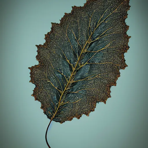 Image similar to Intricate a whole fantasy leaf, encrusted with jewels, illustration, detailed veins, sharp focus, octane render, high quality, 8k, volumetric lighting, on black background