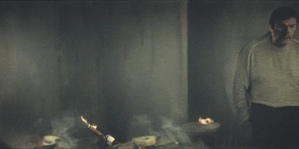 Image similar to detailed medium format photo, polaroid still from tarkovsky movie, sleazy man watching over the zone while smoking a cigarette, haze, high production value, intricate details, 8 k resolution, hyperrealistic, hdr, photorealistic, high definition, tehnicolor, award - winning photography, masterpiece, amazing colors