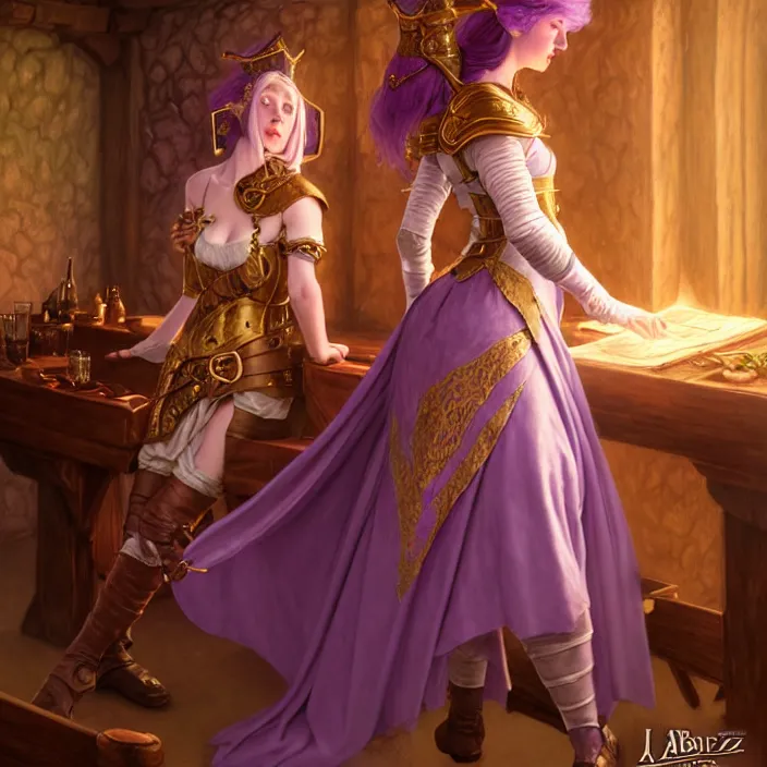 Prompt: d & d bard with her lilac leather armor in an inn, volumetric lighting, fantasy, intricate, elegant, highly detailed, lifelike, photorealistic, digital painting, artstation, fox ears illustration, concept art, sharp focus, by john collier and albert aublet and krenz cushart and artem demura and alphonse mucha