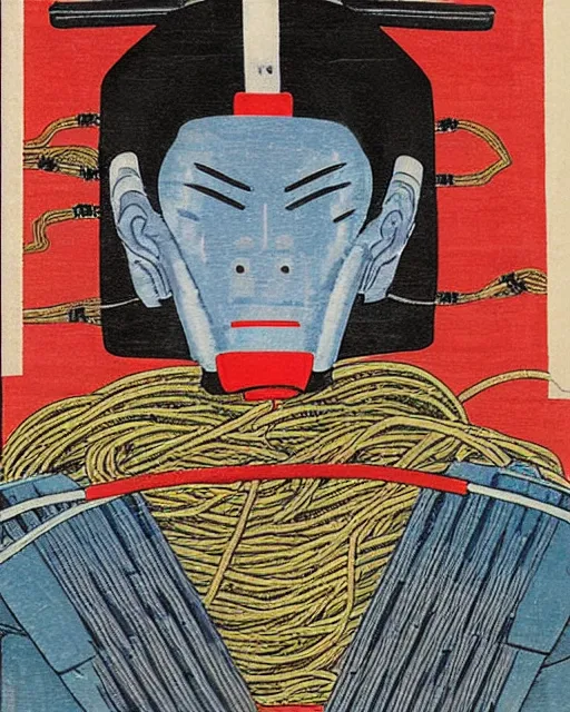 Prompt: Hiroshige portrait of a robot saint made of cables and robotic pod