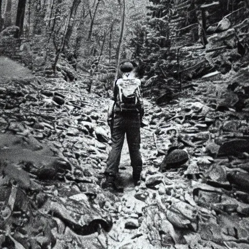 Image similar to A medium-format black-and-white photo shot on expired film, of the last thing a hiker saw before disappearing forever, 1976