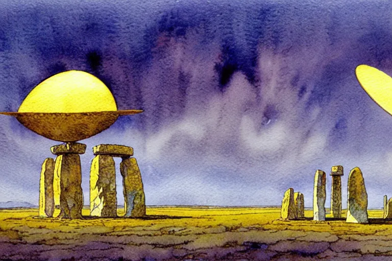 Image similar to a realistic and atmospheric watercolour fantasy concept art of a golden ufo landing on top of stonehenge. by rebecca guay, michael kaluta, charles vess and jean moebius giraud