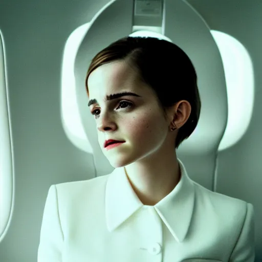 Prompt: emma watson, inside airplane, film still, fujifilm reala, low tonal contrast,