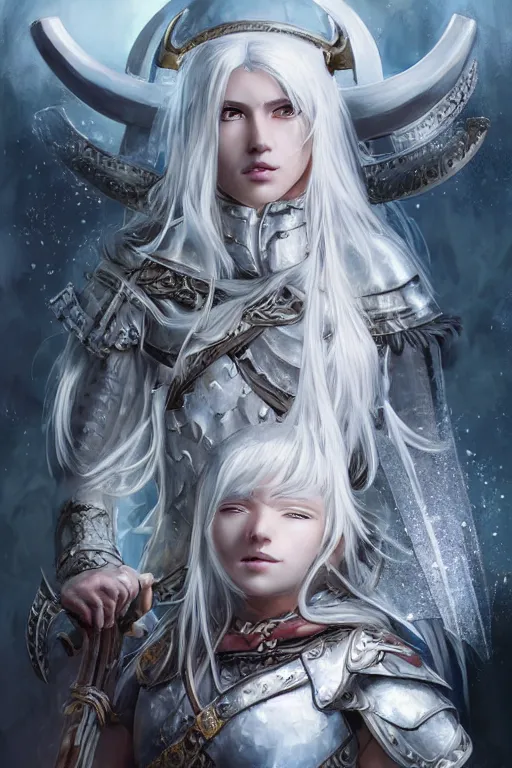 Image similar to A realistic anime portrait of a white haired female barbarian wearing an intricate viking armor, sword wielding, digital painting, by Stanley Artgerm Lau, Sakimichan, WLOP and Rossdraws, digital painting, painterly, Pixiv, Deviantart, golden ratio, rule of thirds, good composition, HD, 8k, award winning, promo art, splash art, rpg, jrpg, dungeons and dragons, DND, trending on ArtStation
