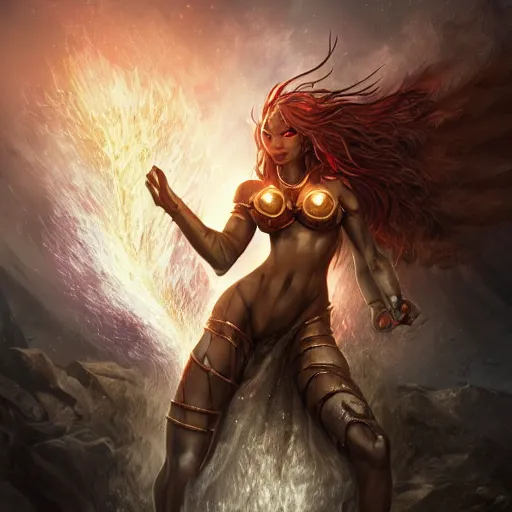 Image similar to elemental guardian of fire water air earth light and darkness, golem, nymph, nai'd, spirit, 8 k dop dof hdr fantasy character art, by aleski briclot