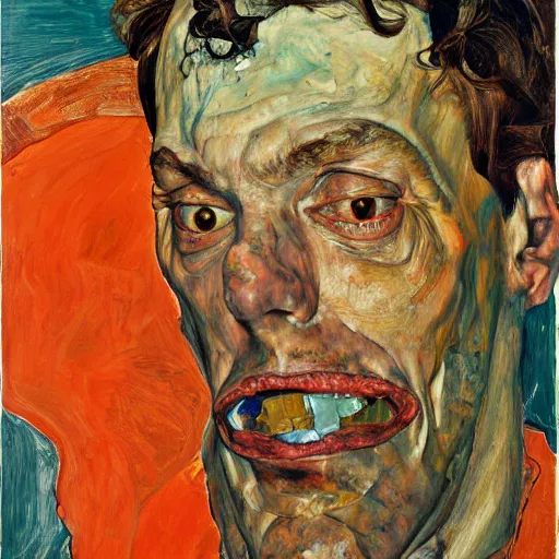 Image similar to high quality high detail expressionist painting of a man in agony by lucian freud and jenny saville and norman rockwell egon schiele and francis bacon, hd, anxiety, turquoise and orange