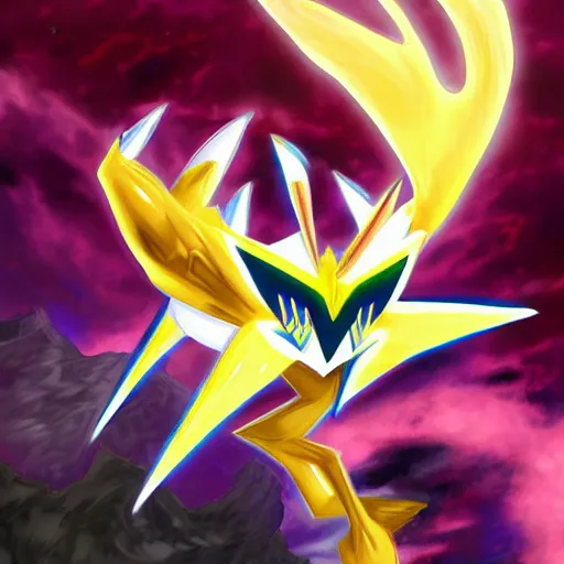 Prompt: a mashup between Arceus (from Pokémon) and Giratina (from Pokémon), ultra detailed, Beautiful digital art illustration by Ken Sugimori