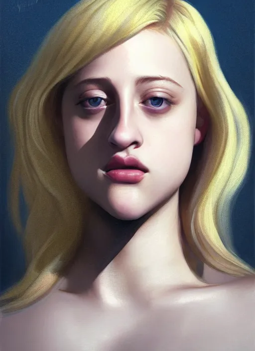 Image similar to full body portrait, teenage lili reinhart, blonde hair, obese, bangs, ponytail, sultry, realistic, sultry smirk, fluffy bangs, curly bangs, fat, belly, intricate, elegant, highly detailed, digital painting, artstation, concept art, smooth, sharp focus, illustration, art by wlop, mars ravelo and greg rutkowski