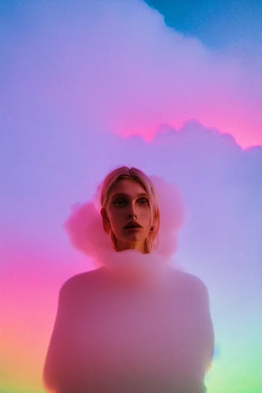 Image similar to high quality pastel coloured film close up wide angle photograph of a model wearing clothing resting on cloud furniture in a icelandic black rock!! environment in a partially haze filled dreamstate world. three point light, rainbow. photographic production. art directed. pastel colours. volumetric clouds. pastel gradient overlay. waves glitch artefacts. extreme facial clarity. 8 k. filmic.