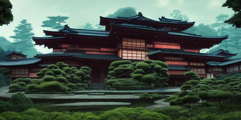 Prompt: twilight lighting, moody, atmospheric, solarpunk, old traditional japanese sleek modern mansion made of wood in a green garden, with a front porch, on the lonely hill by ghibli studio and victor ngai, ghost in the shell, akira, pixar highly detailed, 8 k h 5 7 6