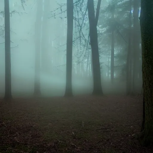 Image similar to found footage of a mysterious creature in the woods, atmospheric fog