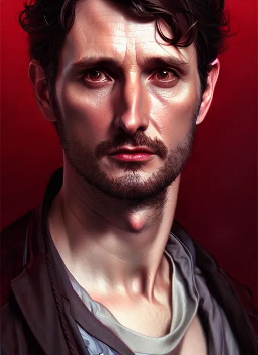 Image similar to ultra realistic illustration, handsome will graham. dark red, blood, intricate, highly detailed, digital painting, artstation, concept art, smooth, sharp focus, illustration, art by artgerm and greg rutkowski and alphonse mucha and wlop