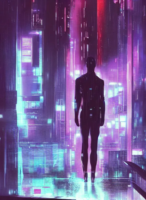 Image similar to one cyber godly person made of cosmic nebula galaxy energy watching a rainy colorful complex cyberpunk futuristic city from behind at night through a window in a room, reflections, high contrast, 8 k, photorealistic, concept art, wet, highly detailed, cinematic mood by ridley scott, ghost in the shell, trending on artstation, glowing lights, sharp focus, epic