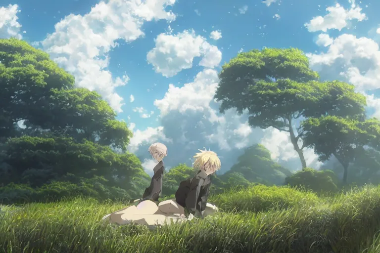 Image similar to a vast scene, panorama distant view, hyper detailed scene render of a boy and white lion, anime key visual of violet evergarden, finely detailed perfect face delicate features directed gaze, in the white clouds fairyland, golden curve structure, animation portrait concept art, trending on pixiv fanbox, violet evergarden, studio ghibli, james jean, extremely high quality artwork