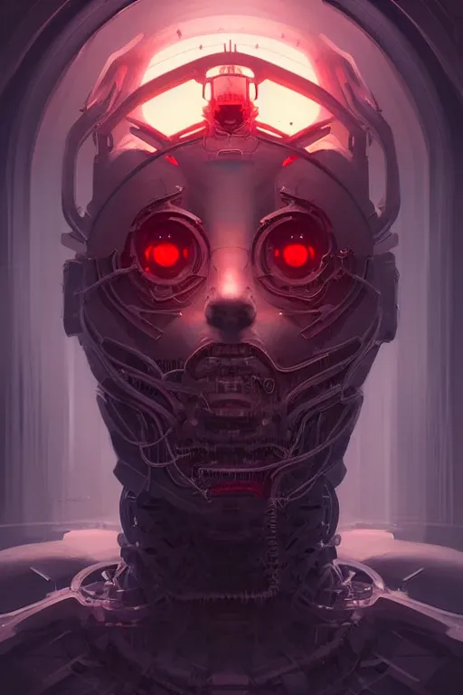 Image similar to professional concept art symmetrical portrait of a ominous floating!! mechanical ai terrifying!! thing in a dark room by artgerm and greg rutkowski. an intricate, elegant, highly detailed digital painting, concept art, smooth, sharp focus, illustration, in the style of cam sykes.