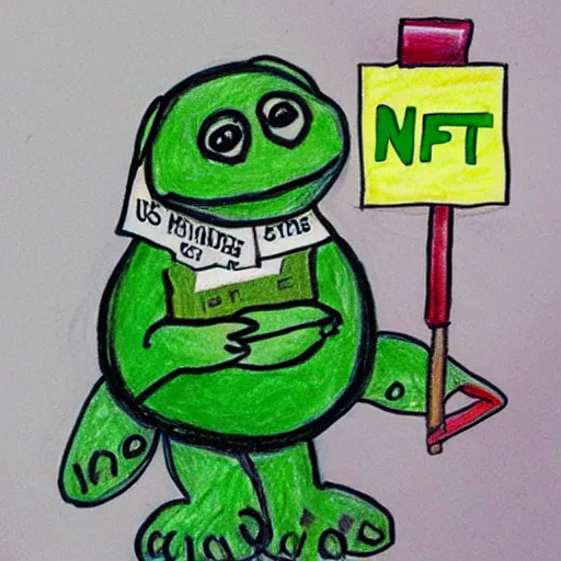 Image similar to a child's drawing of a turtle holding a receipt that says NFT! on it