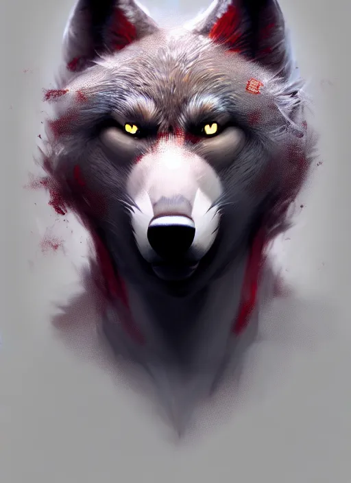 Image similar to award winning portrait of a male anthropomorphic dark gray wolf red hair. character design by cory loftis, fenghua zhong, ryohei hase, ismail inceoglu and ruan jia. artstation, artistic lighting, highly detailed, photorealistic, fantasy