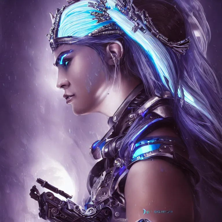 Prompt: beautiful cinematic fantasy poster, a cyberpunk cyborg female wearing a jeweled silver crown with brilliant blue flowing hair, beautiful blue glowing eyes, wideshot ultrawide angle epic scale, hybrid from The Elden Ring and art direction by Darius Zawadzki ;by artgerm; wayne reynolds art station; cinematic quality character render; low angle; ultra high quality model; production quality cinema model;