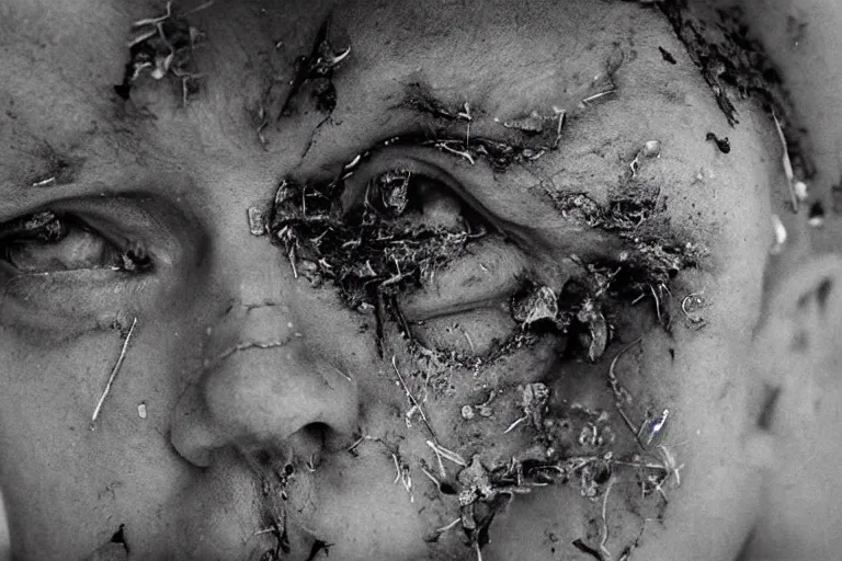Prompt: “a disturbed man looking at his crumbling limbs, extreme detail, particles drifting across the frame”