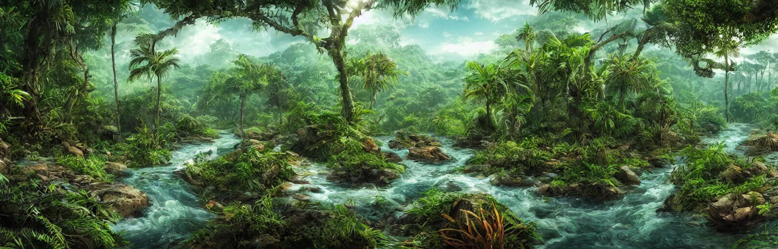 Prompt: painting of a jungle river!! scene on an alien planet by vincent bons. ultra sharp high quality digital render. detailed. beautiful landscape. weird vegetation. water.