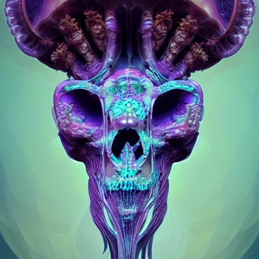 Prompt: goddess princess face close-up portrait ram skull abstract 3d composition. jellyfish phoenix head, nautilus, orchid, skull, betta fish, bioluminiscent creatures, intricate artwork by Tooth Wu and wlop and beeple. octane render, trending on artstation, greg rutkowski very coherent symmetrical artwork. cinematic, hyper realism, high detail, octane render,