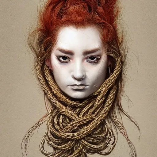 Image similar to portrait of a Shibari rope wrapped face and neck, headshot, insanely nice professional hair style, dramatic hair color, digital painting, of a old 18th century, traveler, amber jewels, baroque, ornate clothing, scifi, realistic, hyperdetailed, chiaroscuro, concept art, art by Franz Hals and Jon Foster and Ayami Kojima and Amano and Karol Bak,