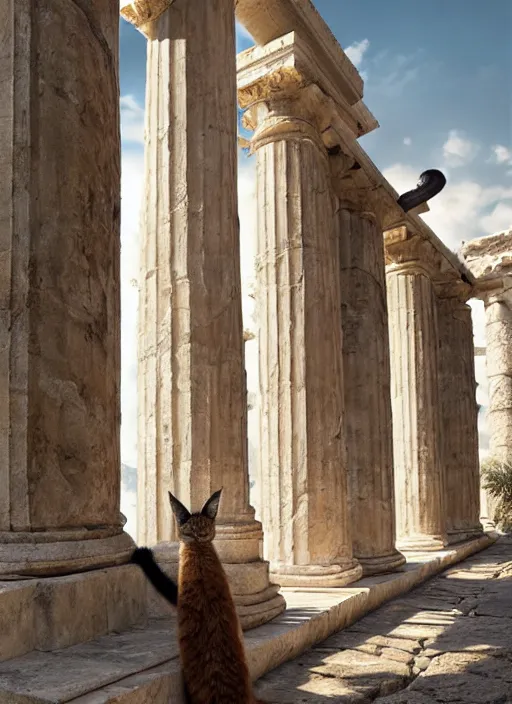 Image similar to hyper realistic fluffy caracal dressed in toga, in ancient greek city, marble columns, temple, olive trees, atmospheric beautiful details, strong composition painted by kim jung giu weta studio rutkowski, james gurney and greg rutkowski, and lucasfilm