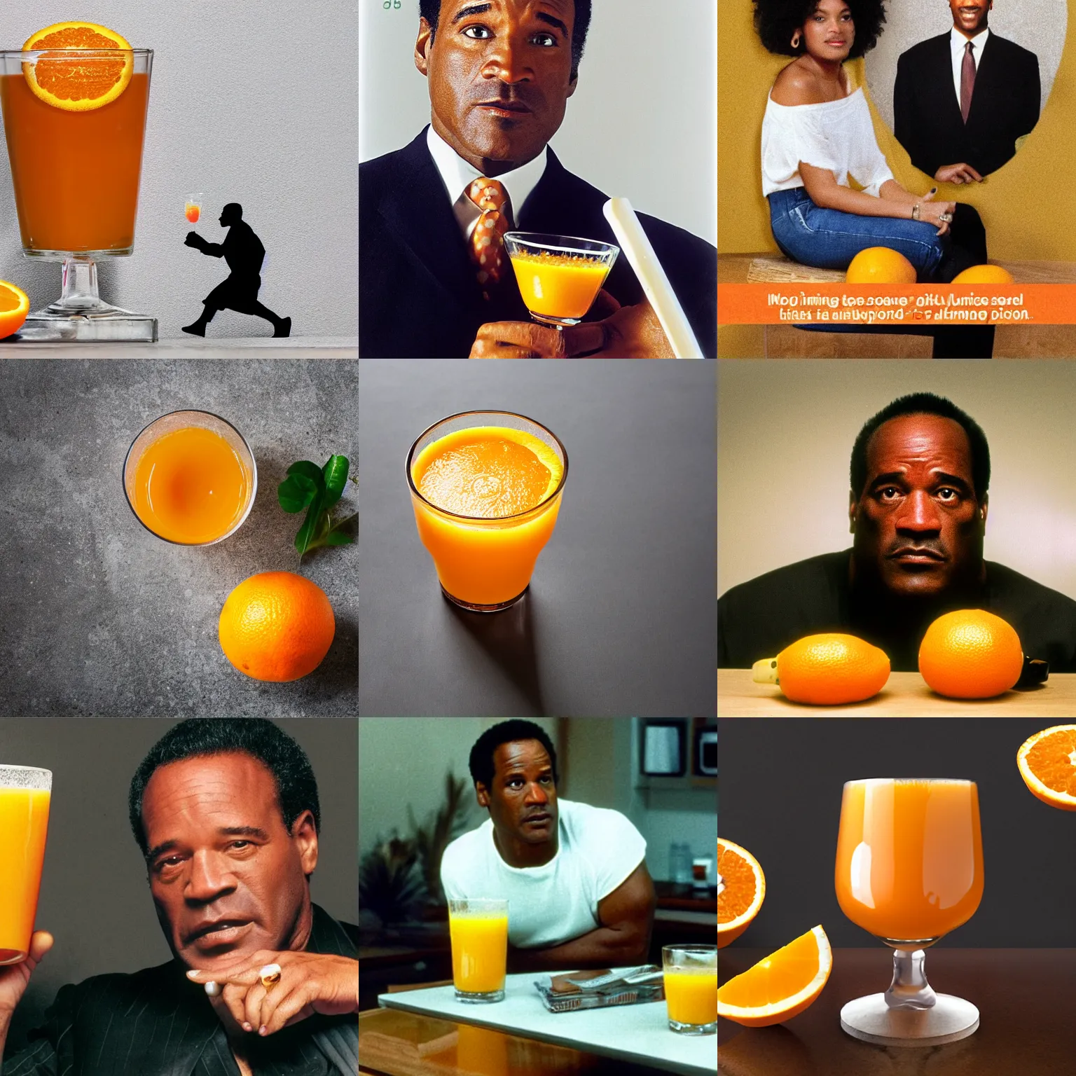 Prompt: ( shrunk down o j simpson ) stuck inside [ a glass of orange juice ]