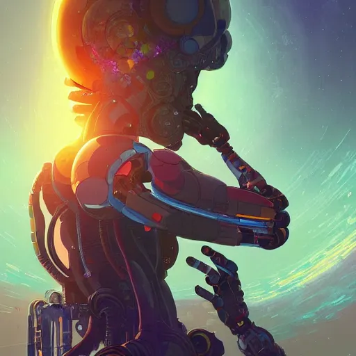 Image similar to colorful illustration of a robot trying to repair the universe, intricate complexity, by greg rutkowski, artgerm, ross tran, conrad roset, takato yomamoto, ilya kuvshinov. 4 k, beautiful, cinematic dramatic atmosphere