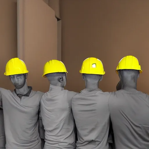 Prompt: tall shadowy faceless creatures with long limbs wearing yellow hard hats