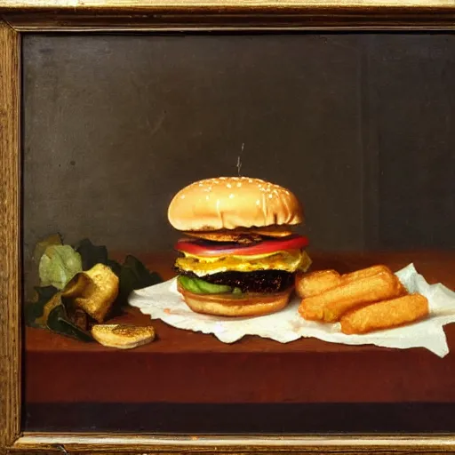 Prompt: hamburger and french fried in still life. dutch masters, 1 8 th century, oil on canvas