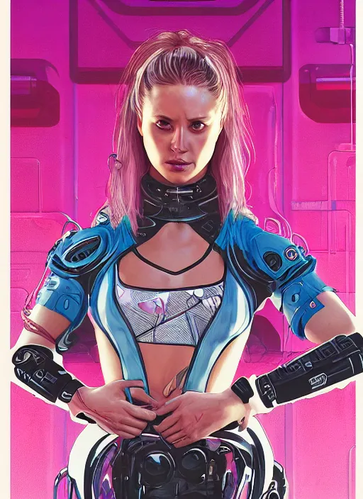 Image similar to beautiful cyberpunk female athlete in pink jumpsuit. lady with blades in arms. ad for cybernetic blade arms. cyberpunk poster by james gurney, azamat khairov, and alphonso mucha. artstationhq. gorgeous face. painting with vivid color, cell shading. ( rb 6 s, cyberpunk 2 0 7 7 )