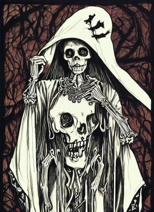 Prompt: gothic victorian woman with a skeletal face, ink and paint, silkscreen, silk robes and bone jewelry, richard corben, glenn fabry, lithograph, tarot