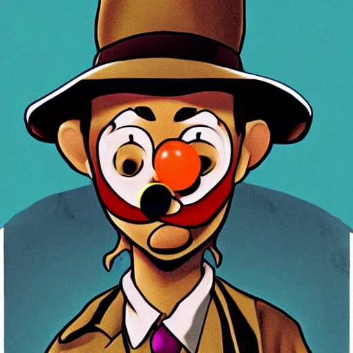 Image similar to indiana jones with a clown nose, cartoon