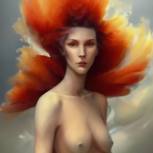 Prompt: a painting of a woman who made of curly white and transparent feathers with red edges is holding a sword, a digital painting by peter mohrbacher, trending on artstation, metaphysical painting, speedpainting, made of feathers, digital painting, holographic undertones, highly saturated colors, 4 k, digital art, concept art, trending on artstation