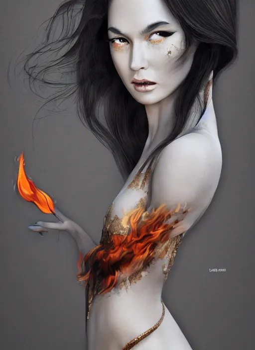 Image similar to 3d fashion portrait with fire, female, future, torch, flame, harper's bazaar, vogue, fashion magazine, intricate, concept art, close up, ornate, luxury, elite, elegant, trending on artstation, by ruan jia, by Kenneth Willardt, by ross tran, by WLOP, by Andrei Riabovitchev,