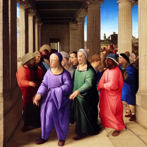 Prompt: people wearing cap hoodies, streetware, in the streets in renaissance painting style