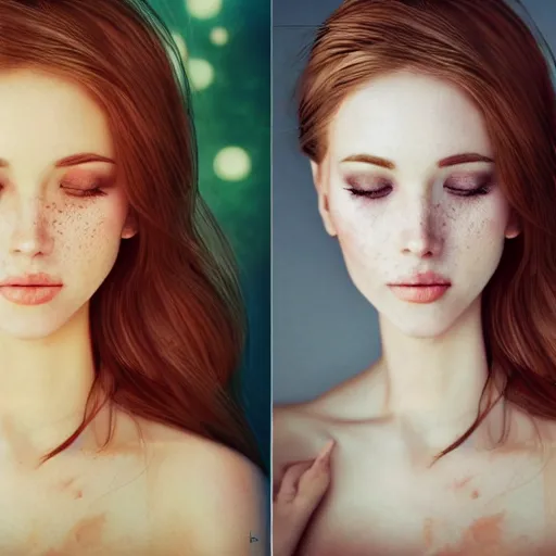 Image similar to a gorgeous female photo, professionally retouched, soft lighting, wearing sundress, illuminated by moonlight realistic, smooth face, redhead, light freckles, perfect eyes, wide angle, sharp focus on eyes, 8 k high definition, insanely detailed, intricate, elegant, art by artgerm and wlop