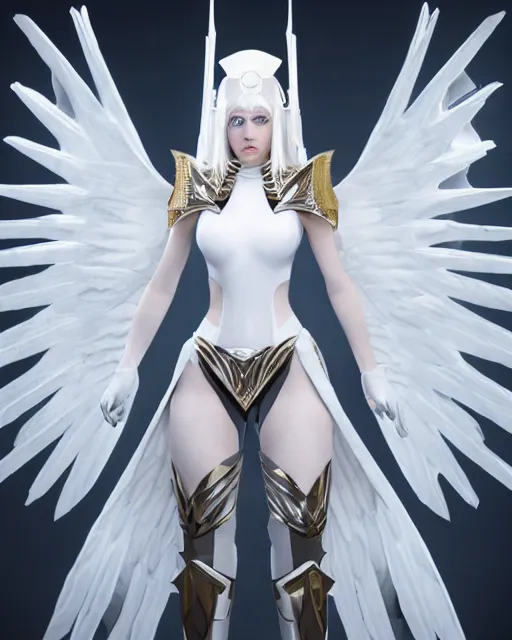 Image similar to perfect white haired attractive egyptian goddess with huge white dove wings, warframe armor, beautiful, symmetric, charlize, half asian, pretty face, blue eyes, detailed, scifi platform, laboratory, experiment, 4 k, ultra realistic, epic lighting, android body, illuminated, cinematic, masterpiece, art by akihito tsukushi, voidstar