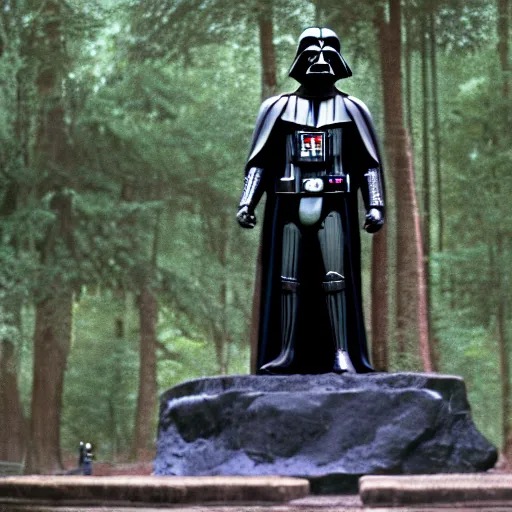 Image similar to large darth vader statue made of stone outstide sith temple cinematic film still from the 1 9 8 3 movie the lost jedi, rian johnson, anamorphic 2 4 mm lens, kodak film, moody cinematography