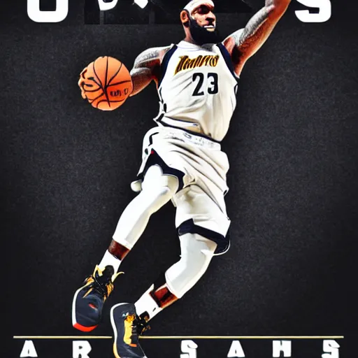 Prompt: a sports center sports action shot poster of lebron james dunking a basketball during a game, professional photography, cool poster design, photoshopped, epic, trending on artstation