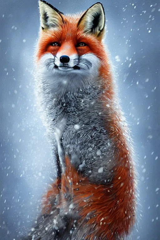 Image similar to a furious fox wizard, snowy background, oil on canvas, intricate, portrait, 8k highly professionally detailed, HDR, CGsociety