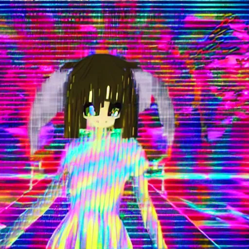 Image similar to Anime of girl in white dress dancing, halo over her head, glitchy, glitch art, Chromatic aberration, nobody knows the future