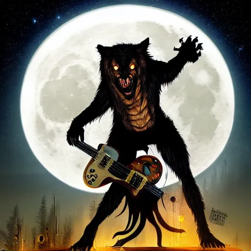 Prompt: a fearsome werewolf holding an electric guitar in the other a full moon shies behind him, dark, nighttime, gothic, cinematic scene, super detailed, hyper realistic