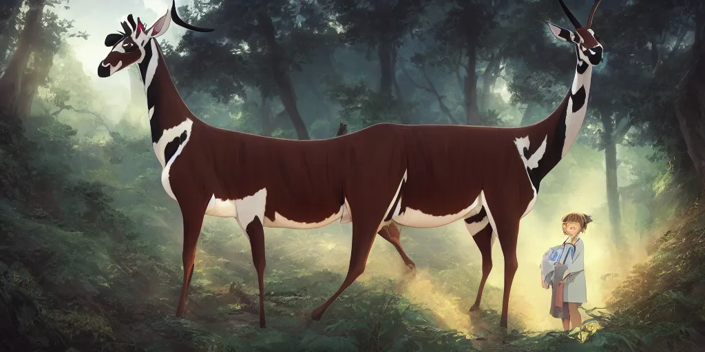 Prompt: A highly detailed matte oil painting of an okapi by Studio Ghibli, by Mokoto Shinkai, hyperrealistic, cinematic, breathtaking, beautiful composition, by Artgerm, by beeple, volumetric lighting, octane render, 4K resolution, trending on artstation