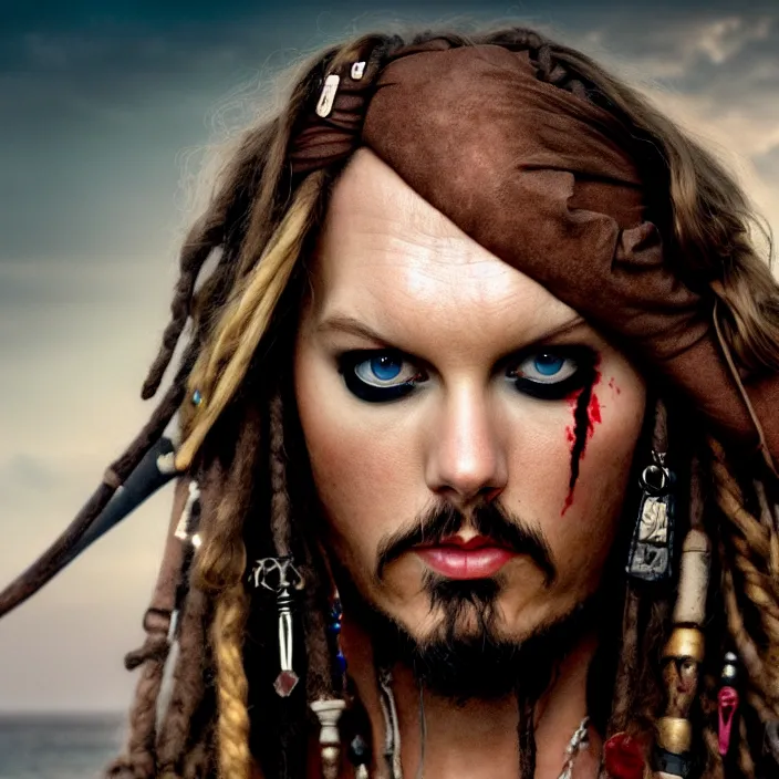 Image similar to photographic portrait face of Taylor Swift of Jack Sparrow, high light on the left, illuminated by a dramatic light, Low key lighting, light dark, High constrast, dramatic , Steve Mccurry, Greg Rutkowski, Alphonse Mucha, high quality, photo-realistic, four fingers maximum ,8K