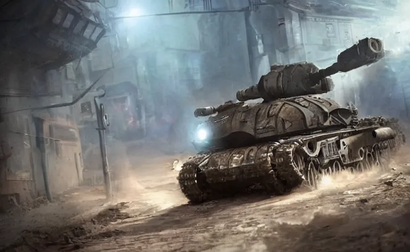 Image similar to A cybernetic tank driving down a dirt street, cinematic, epic