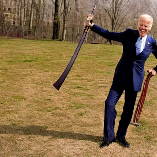 Image similar to Joe Biden holding a katana preparing for battle, full body pose, AP photography